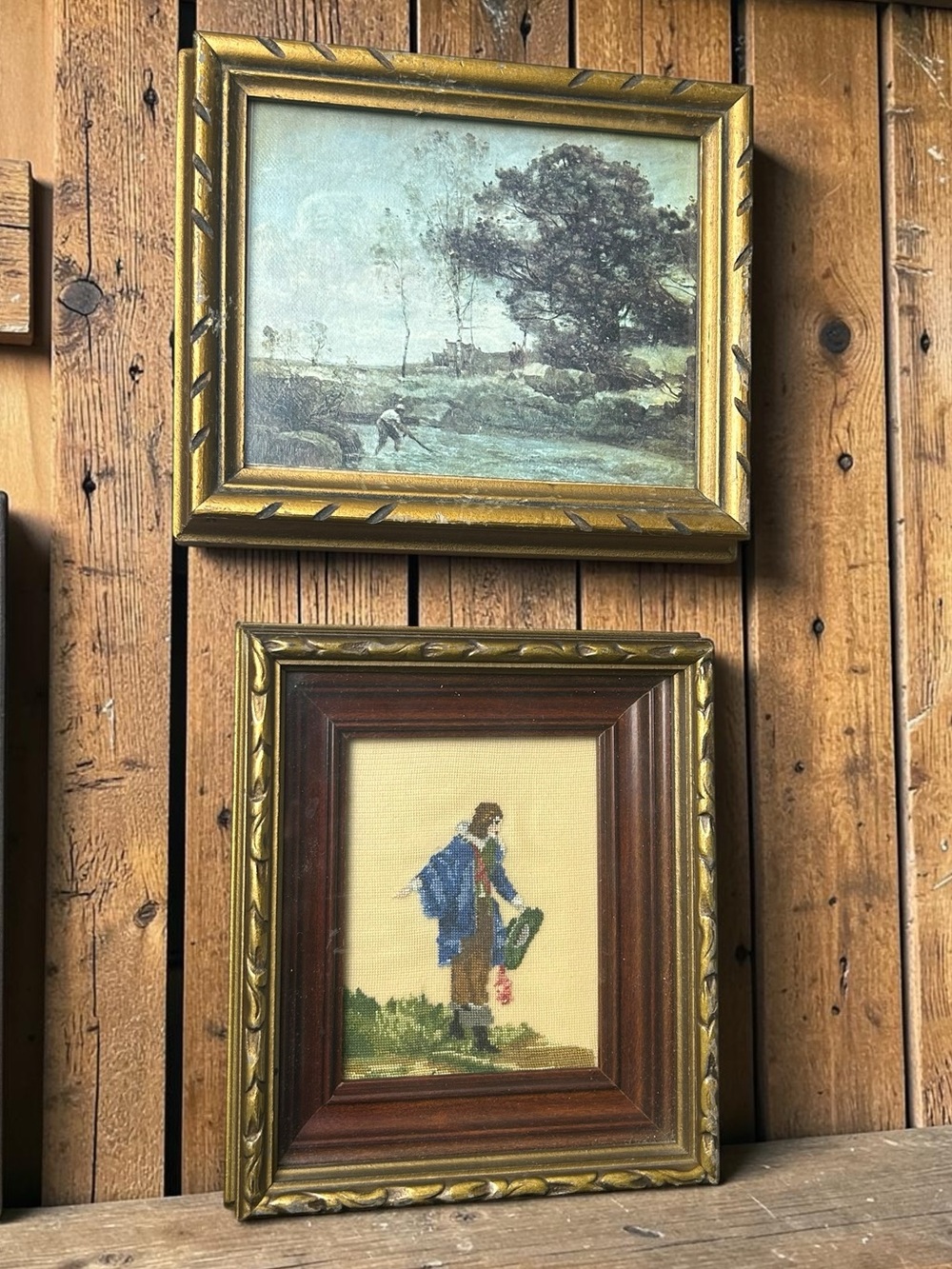 Vintage Framed Wall Art Set – Landscape Print & Needlepoint Figure